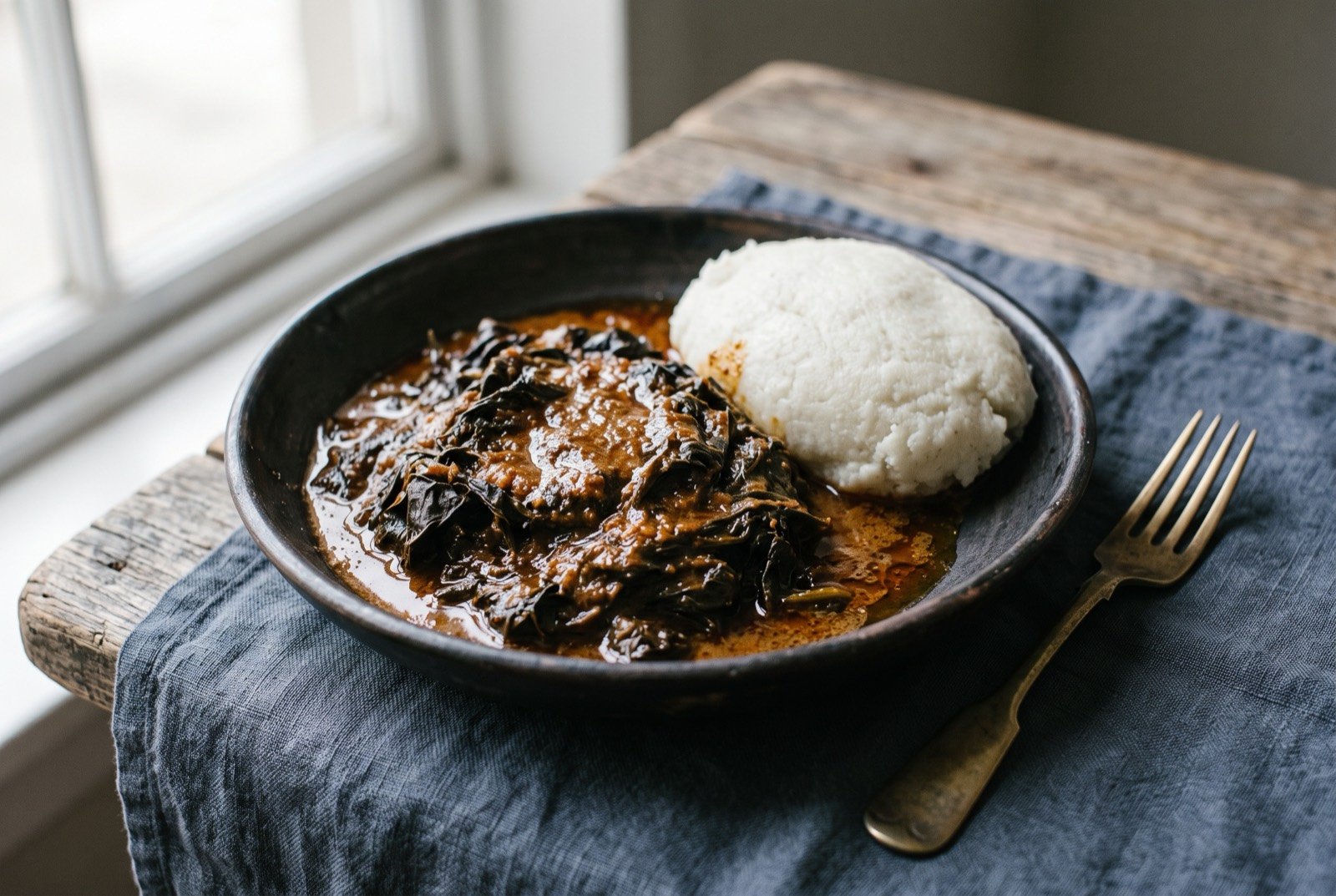 Muriwo une dovi: soft collapsed pumpkin leaves in a glossy red brown sauce of peanut butter cooked down with tomato and onion, the fat visibly separating at the edges of the bowl.