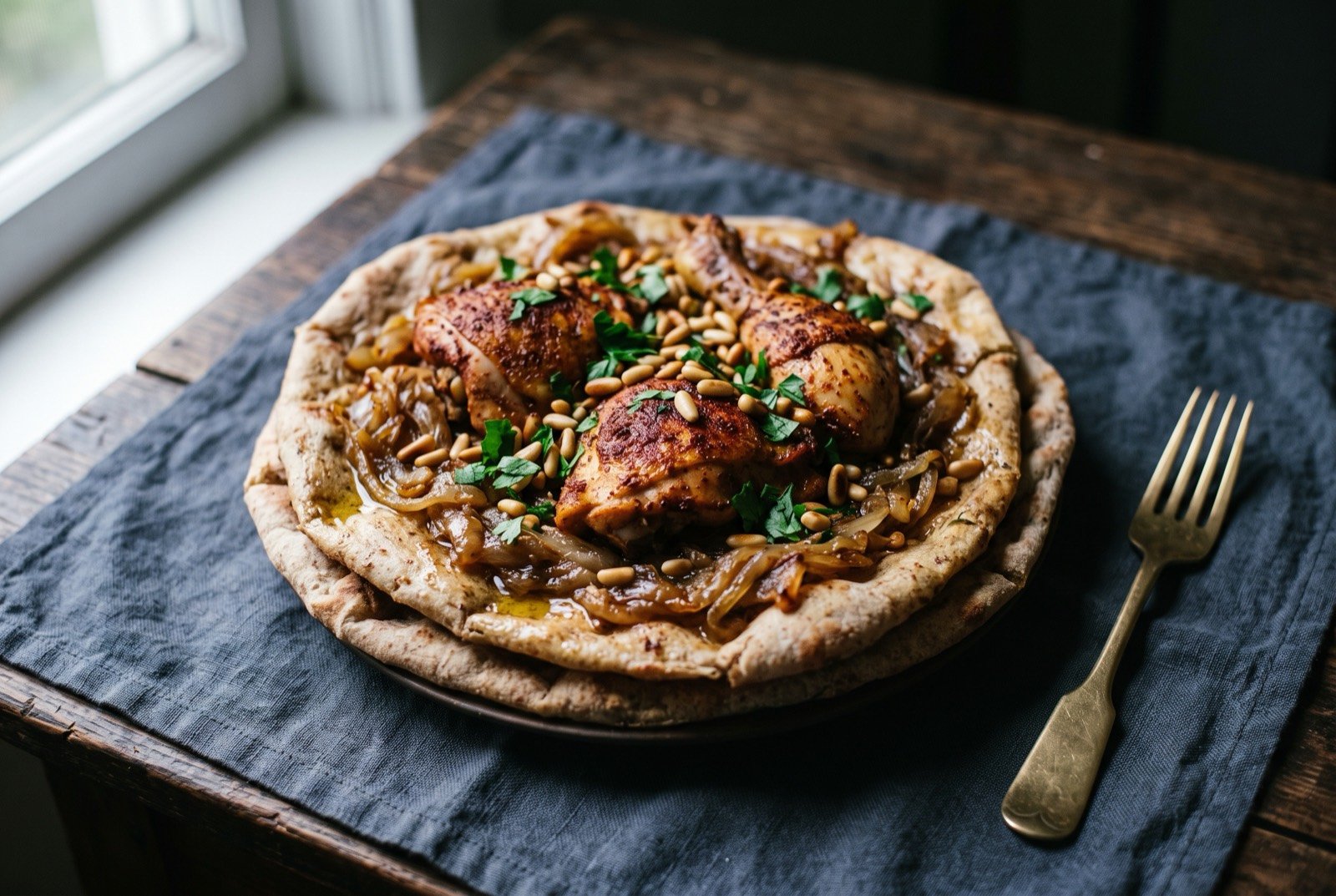 Musakhan, sumac chicken and caramelised onion on taboon bread: torn taboon flatbread stacked with deep golden caramelised onions and roasted chicken pieces stained rust red with sumac.