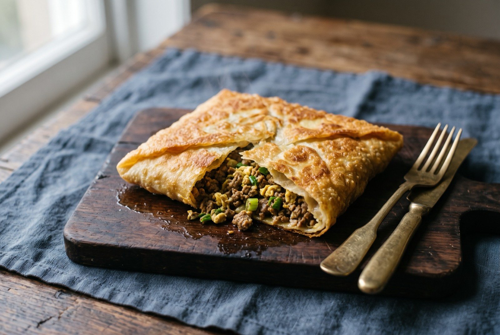 Mutabbaq, the Hejaz's folded and fried pilgrim pastry: a golden square parcel of thin, crisp folded pastry, one corner lifted to show spiced minced meat and soft egg inside, resting on a dark board with a faint sheen of frying oil.