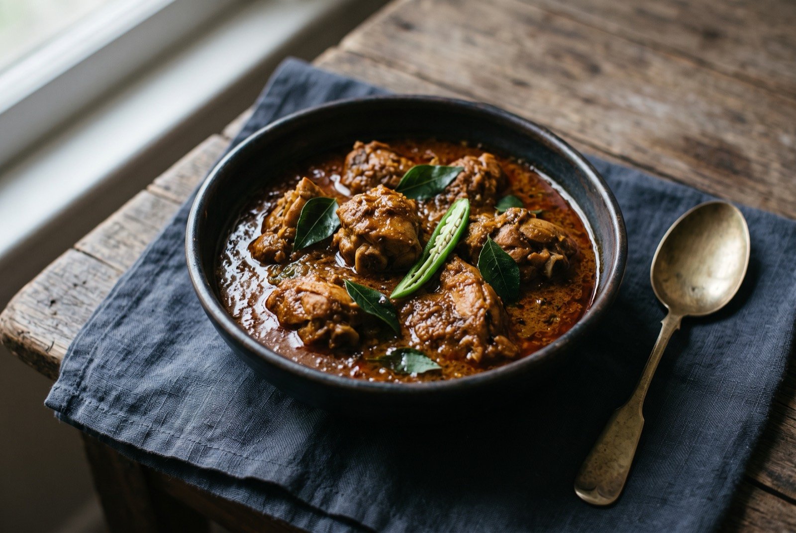Naatu kodi pulusu, country chicken in a roasted spice and tamarind gravy: a dark bowl of deep reddish brown chicken curry, bone-in pieces sitting in a thick, roasted-spice gravy with a faint sheen of oil at the surface.