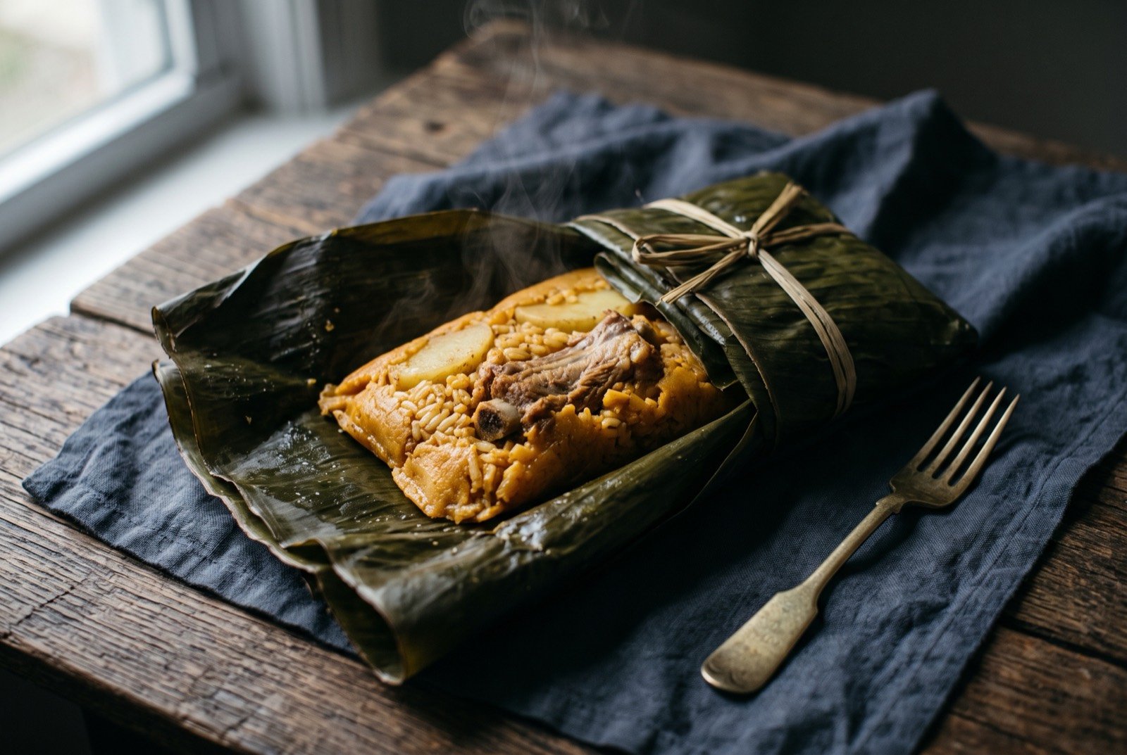 Nacatamal, a Nicaraguan banana leaf tamale of rice, potato and pork in achiote masa: a large, tightly bound banana leaf parcel, part unwrapped to show a golden orange masa studded with rice, sliced potato and a piece of pork rib.