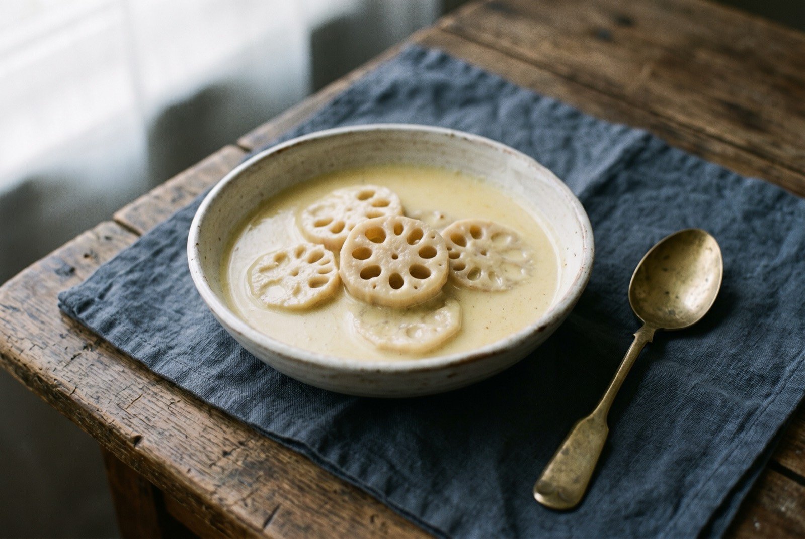 Nadru yakhni, lotus stem in a pale yoghurt curry: pale beige rounds of lotus stem, their natural holes visible, suspended in a thin pale yoghurt gravy flecked with a little fennel.