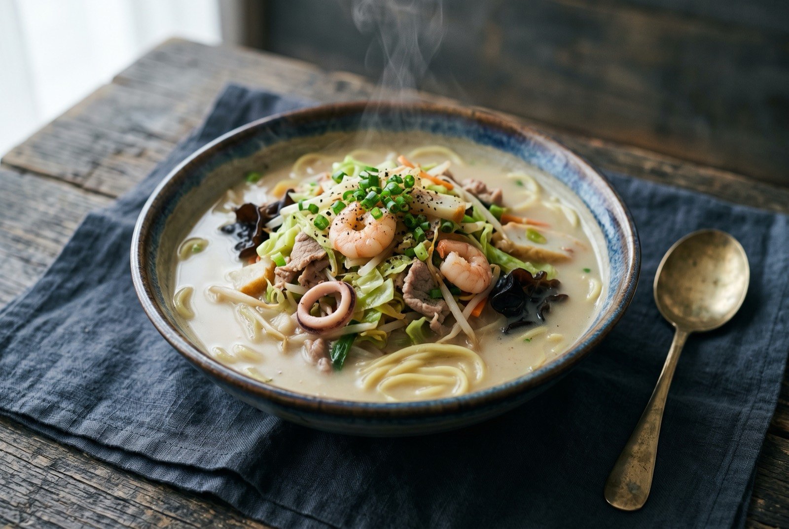 Champon, Nagasaki's mixed noodle soup: a wide, shallow bowl brimming with pale creamy white broth, thick yellow tinged noodles beneath a dense tangle of stir fried pork.