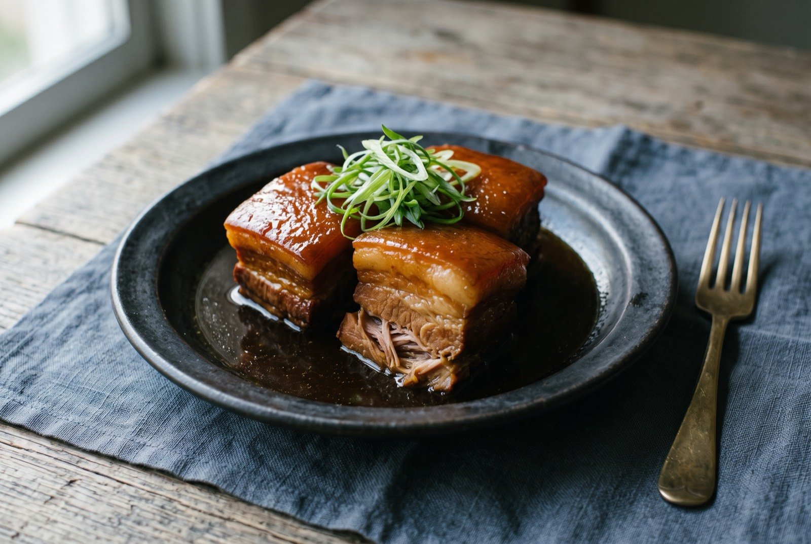 Kakuni, Nagasaki's slow braised pork belly: two or three thick glossy cubes of dark soy braised pork belly, the fat rendered translucent and the meat falling apart at one cut edge.