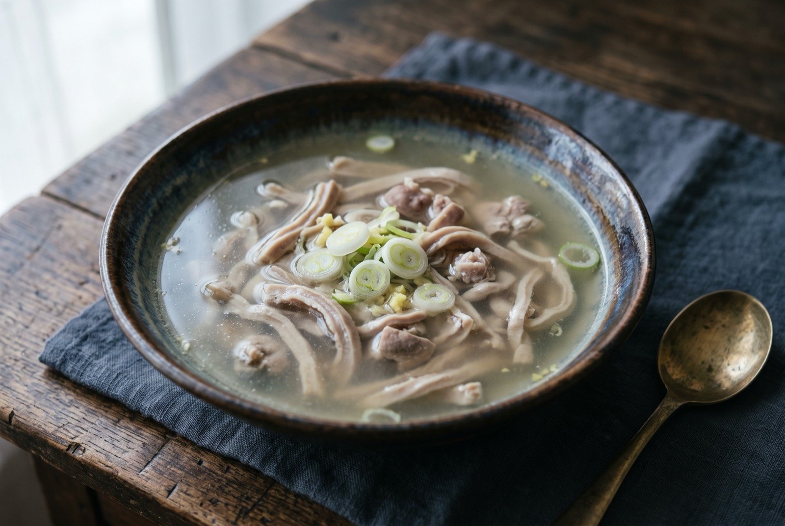 Nakami-jiru, clear pork offal soup: a wide shallow bowl of pale, perfectly clear broth with thin springy strips of pork offal suspended in it, a few rings of spring onion floating on the surface.