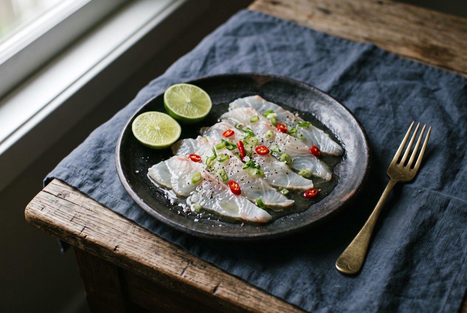 Namas, Torres Strait raw fish cured in citrus: thin, translucent slices of pale fish arranged on a dark plate, glistening with citrus juice, the flesh visibly opaque at the edges where the citrus has cured it.