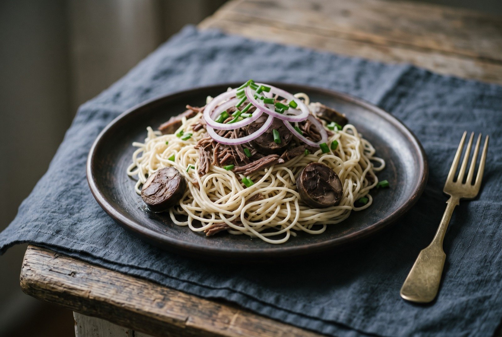 Naryn, cold shredded horsemeat and hair thin noodles: a pale tangle of very thin hand cut noodles mixed through with fine shreds of meat and dark slices of sausage, arranged in a low mound on a plate.