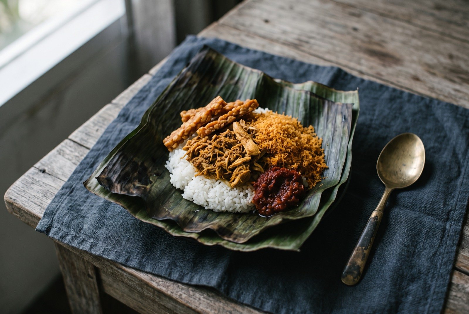 Nasi jinggo, Denpasar's small banana-leaf rice parcel: a small open banana leaf parcel of white rice topped with shredded spiced chicken, a few crisp strips of fried tempeh, a mound of dry golden serundeng coconut.