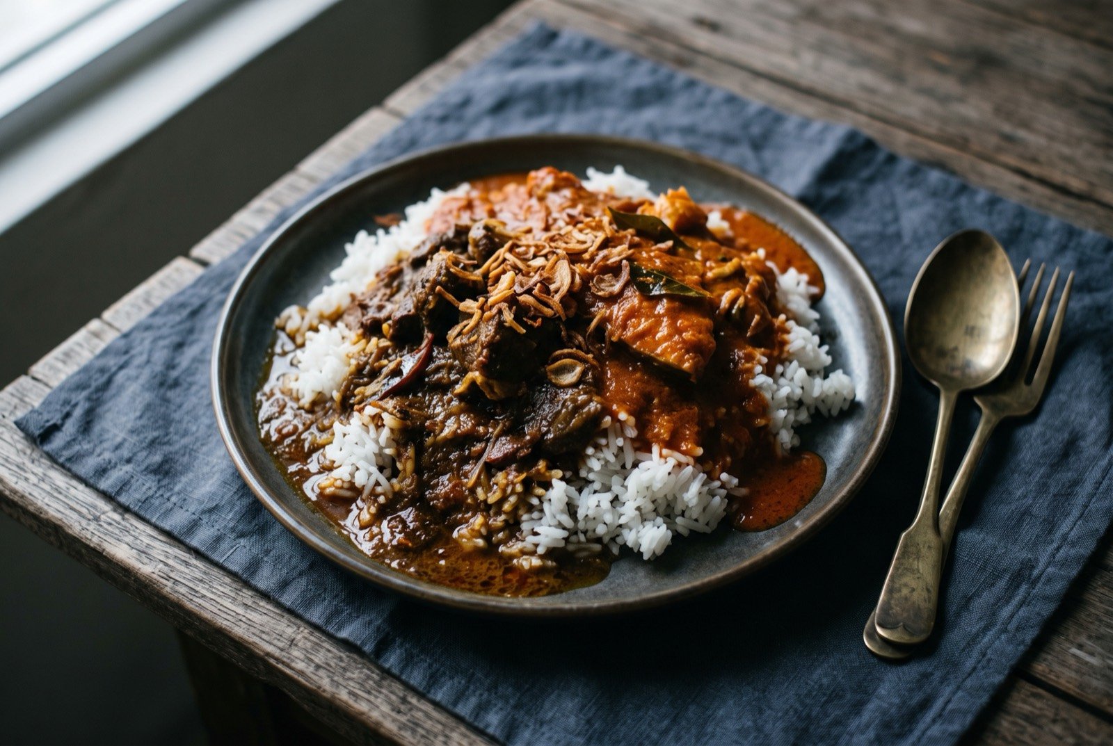 Nasi kandar, rice under two visibly layered curries, the banjir service: a mound of steamed rice on a plate, a dark, oil-glossed meat curry ladled over one side and a lighter, reddish tangy fish curry poured over it so the two visibly layer rather than mix.
