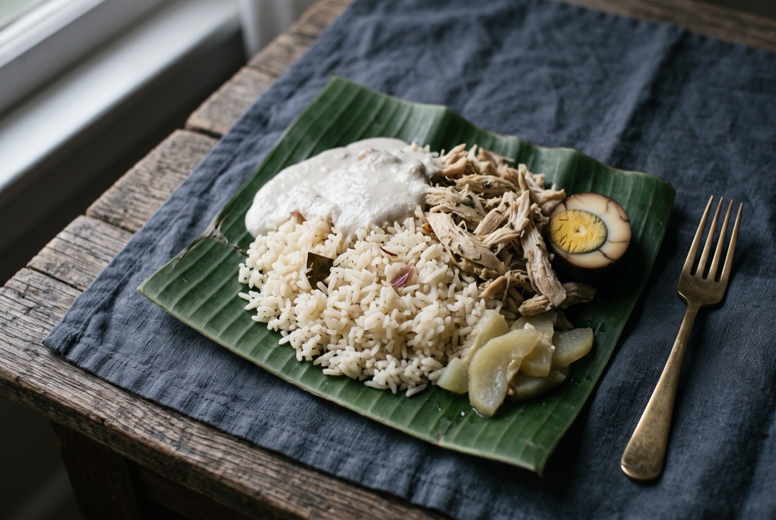 Nasi liwet, coconut rice with shredded chicken, a marbled boiled egg and a spoon of thick coconut cream: a mound of pale ivory coconut rice on a banana leaf, shredded pale chicken and a halved dark-marbled boiled egg arranged beside it.