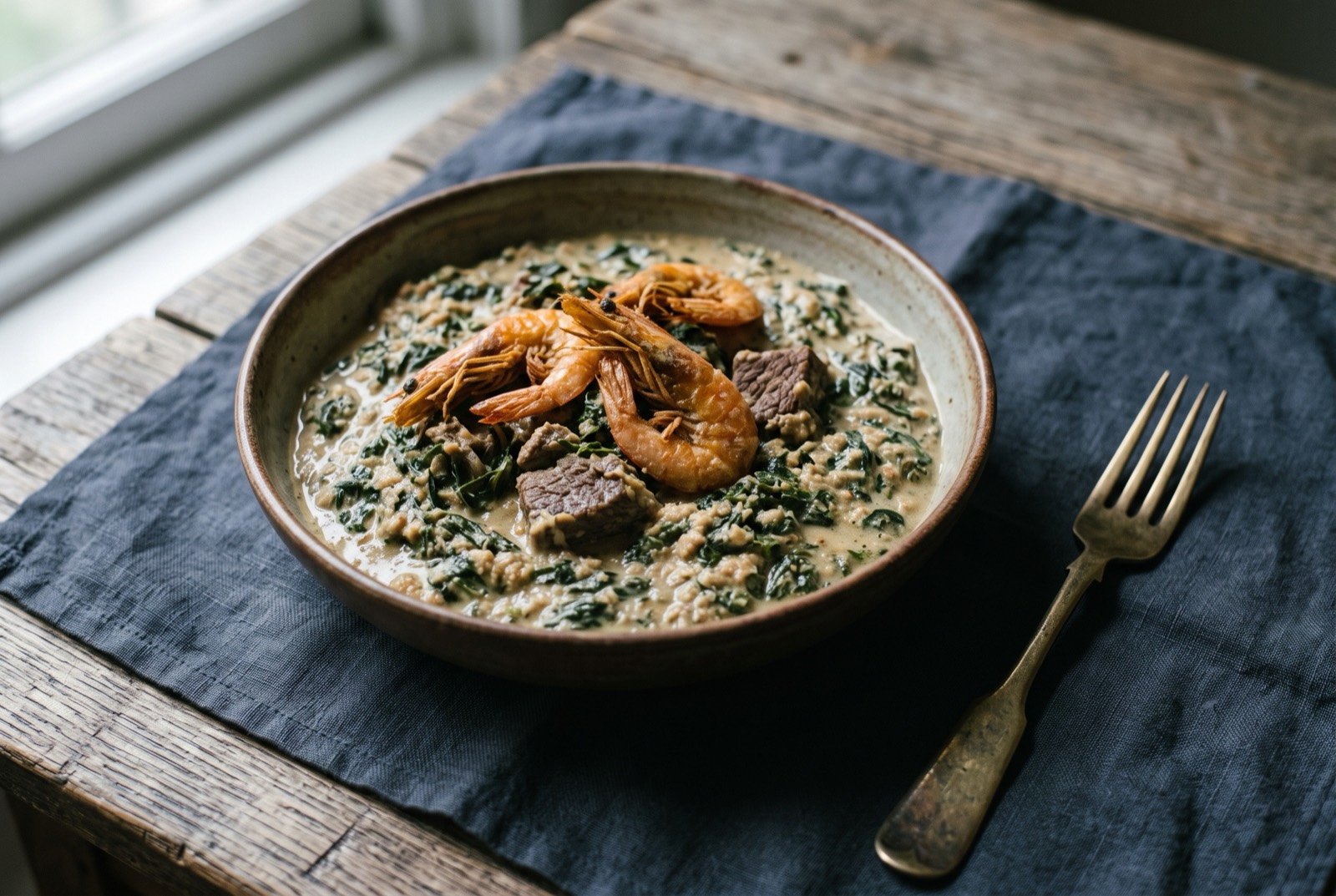Ndole: A pale creamy groundnut sauce, thick and matt rather than oily, with dark green bitter leaf folded through in shreds so it reads as a nut sauce holding a green rather than a stewed green.