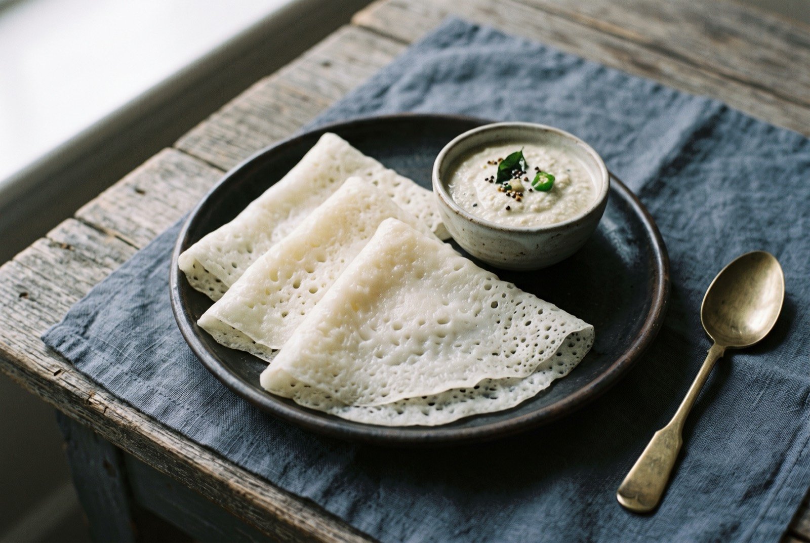 Neer dosa, a thin unfermented rice crepe folded into quarters: two or three thin, pale white, lacy rice crepes folded into soft quarters on a dark plate, their surface faintly translucent and dotted with small irregular holes.