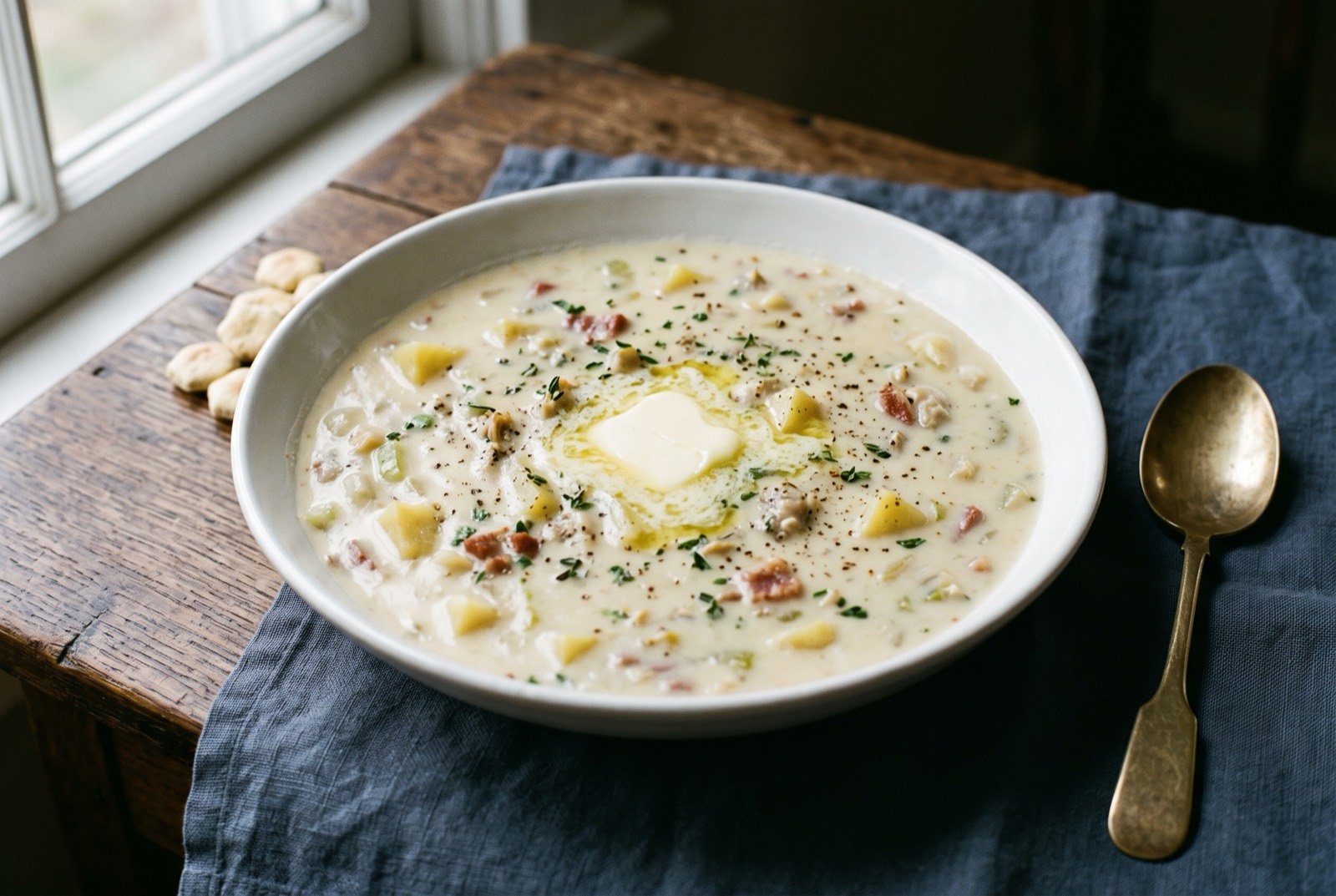 New England clam chowder: a wide shallow white bowl of thick, pale ivory chowder, flecks of rendered salt pork and diced potato breaking the surface.