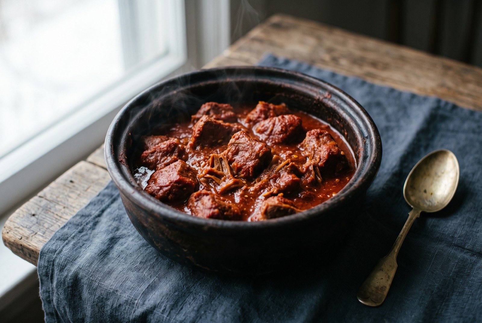 Carne adovada, pork slow braised in pure red chile sauce: chunks of tender pork almost collapsing in a thick, deep brick red chile sauce in a heavy pot, a matte sheen rather than a glossy one.