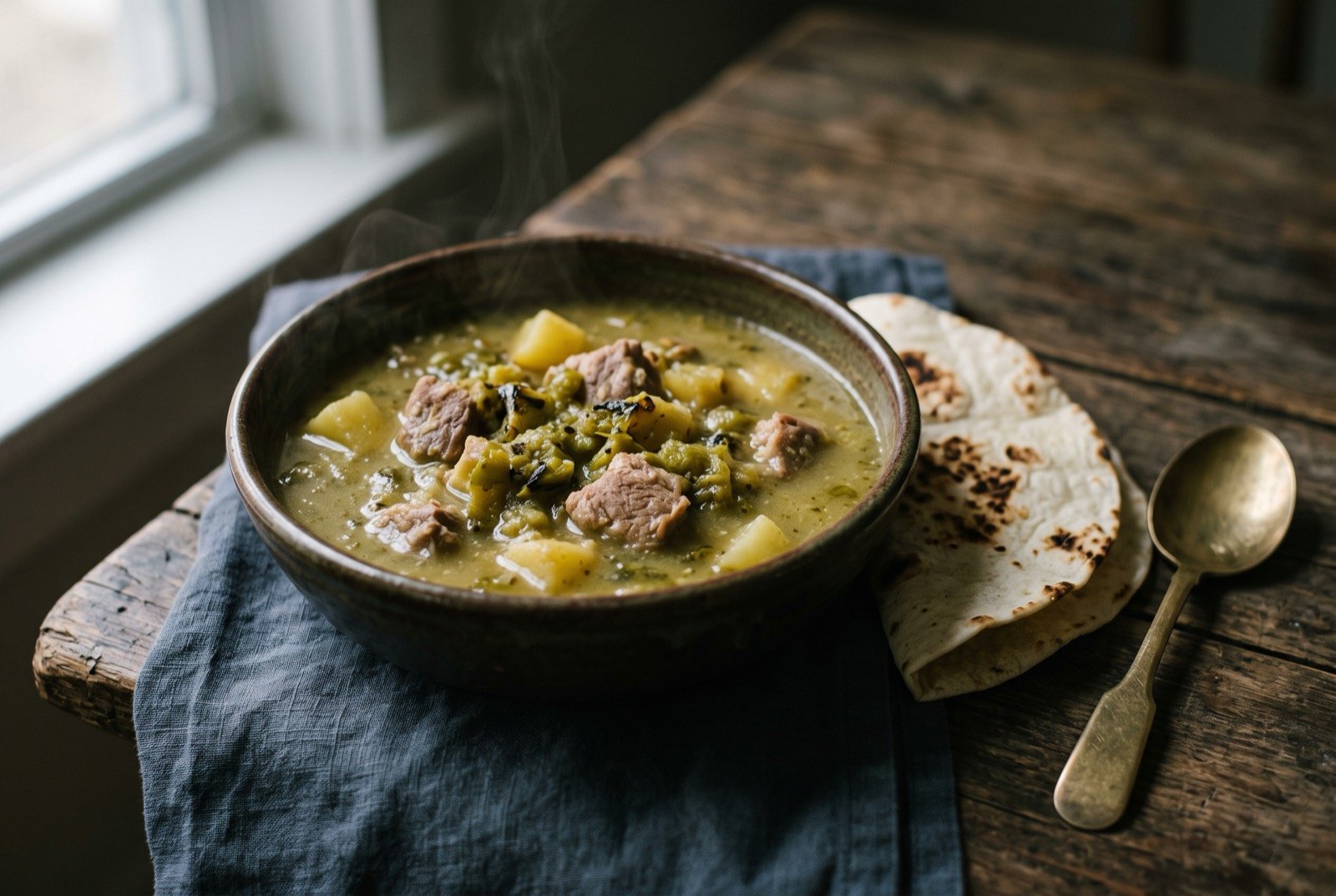 New Mexico green chile stew, pork and potato in a roasted green chile broth: a rustic bowl of pale olive green broth studded with chunks of tender pork and golden potato, flecks of roasted green chile skin visible throughout.