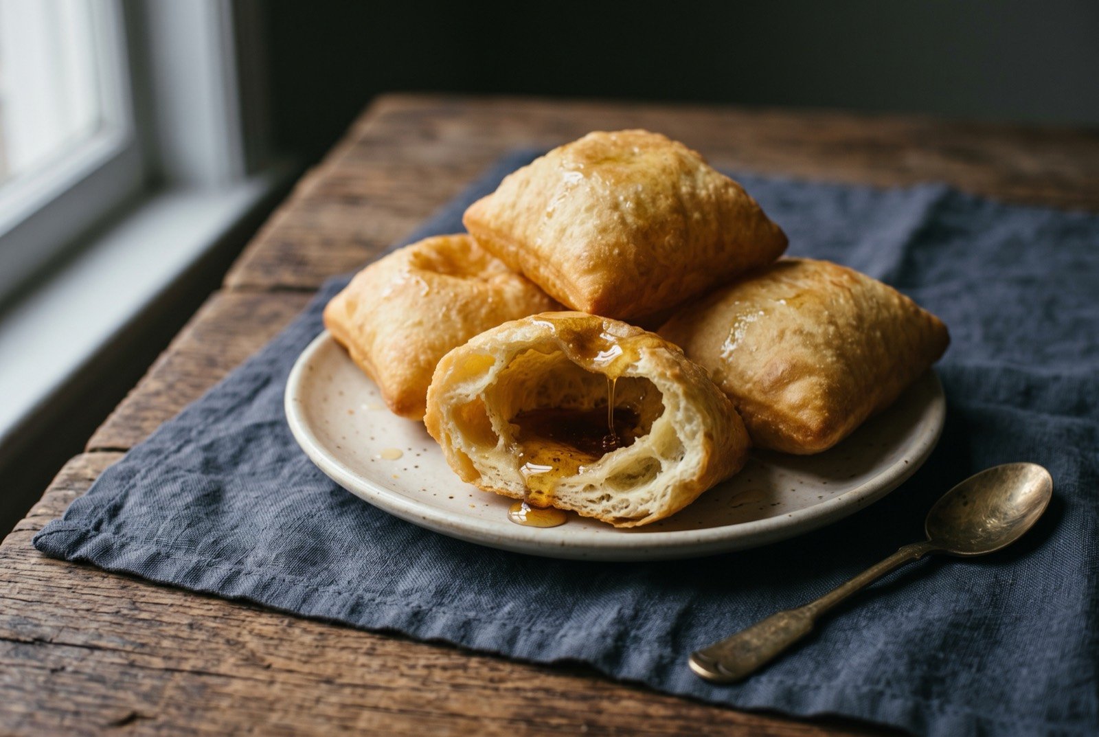 Sopapillas, puffed fried dough split open with honey: a few golden, hollow puffed pillows of fried dough piled on a plate, one torn open to show the steam filled hollow inside.