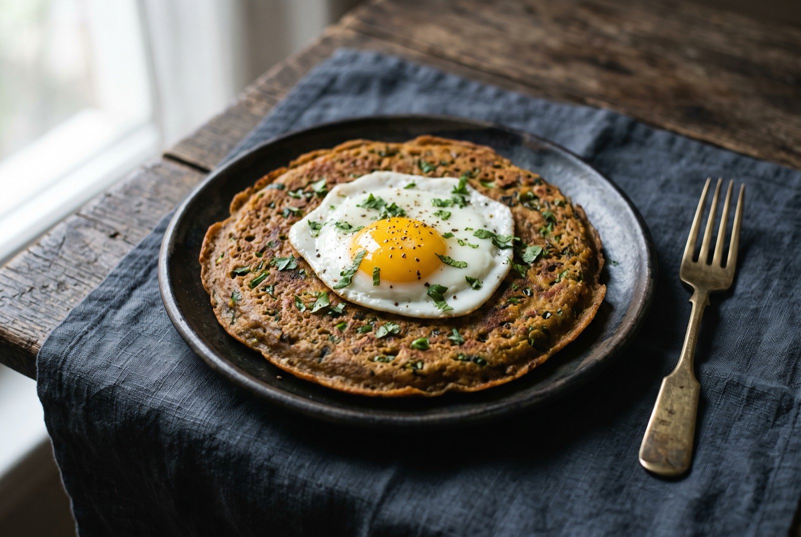 Bara, a savoury black lentil pancake topped with a fried egg: a thick, deep golden-brown lentil pancake on a dark plate, its surface flecked with green chilli and coriander, a fried egg with a soft-set yolk resting whole at its centre.