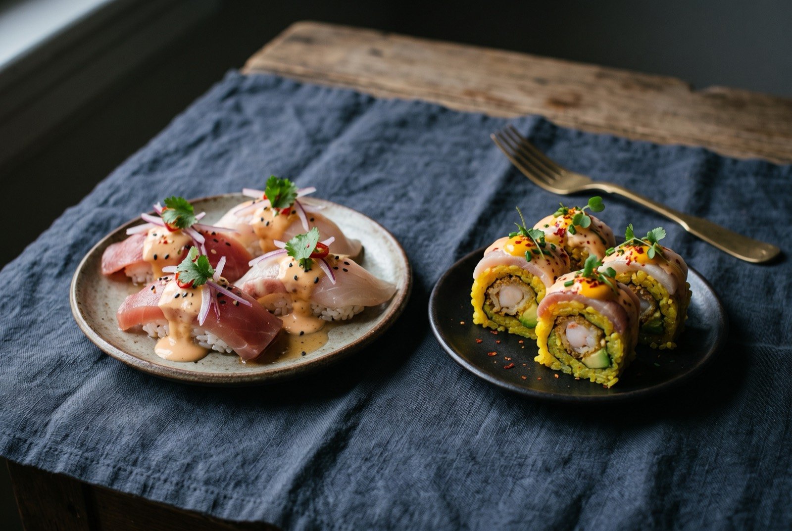 Nigiri acevichado and maki acriollado, Nikkei sushi dressed in leche de tigre: a small plate of nigiri, each piece of fish glossed with a pale orange leche de tigre sauce, alongside a few cut maki roll pieces showing a rice and ají amarillo core.