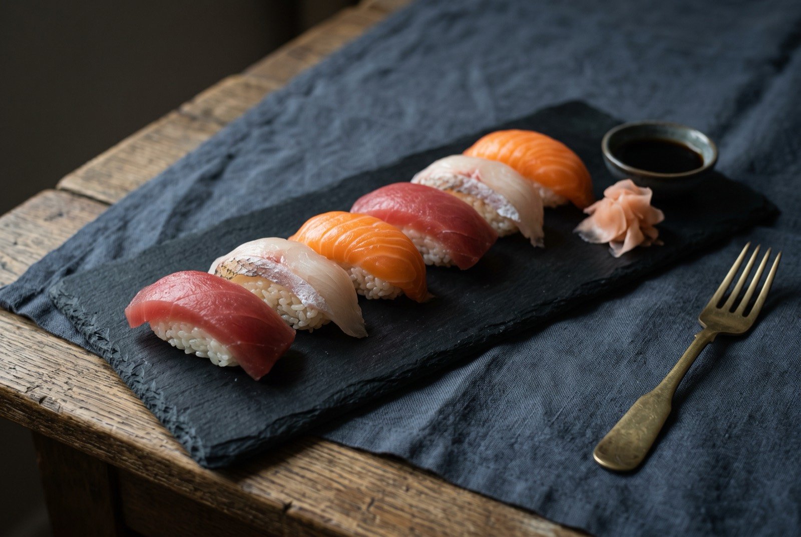 Nigiri-zushi, hand-pressed vinegared rice topped with sliced raw tuna, sea bream and salmon: six pieces of nigiri-zushi arranged in a neat row on a dark rectangular slate, glossy ovals of pale vinegared rice each topped with a draped slice of raw fish.