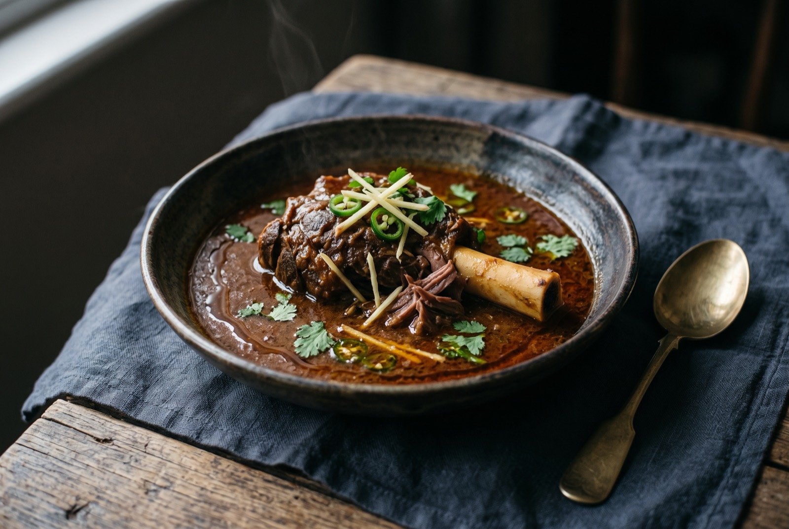 Nihari, a slow-simmered shank stew eaten at dawn: a deep, dark reddish-brown stew in a wide bowl, a bone-in piece of shank meat breaking the surface, tender enough to be falling from the bone.