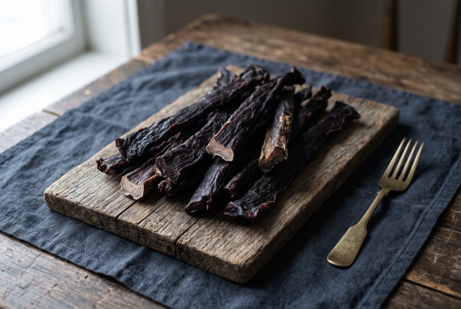 Nikku, dried caribou strips: dark reddish-black strips of dried meat stacked loosely across a wooden board, their surface matte and taut, a few paler cut edges showing a dense.