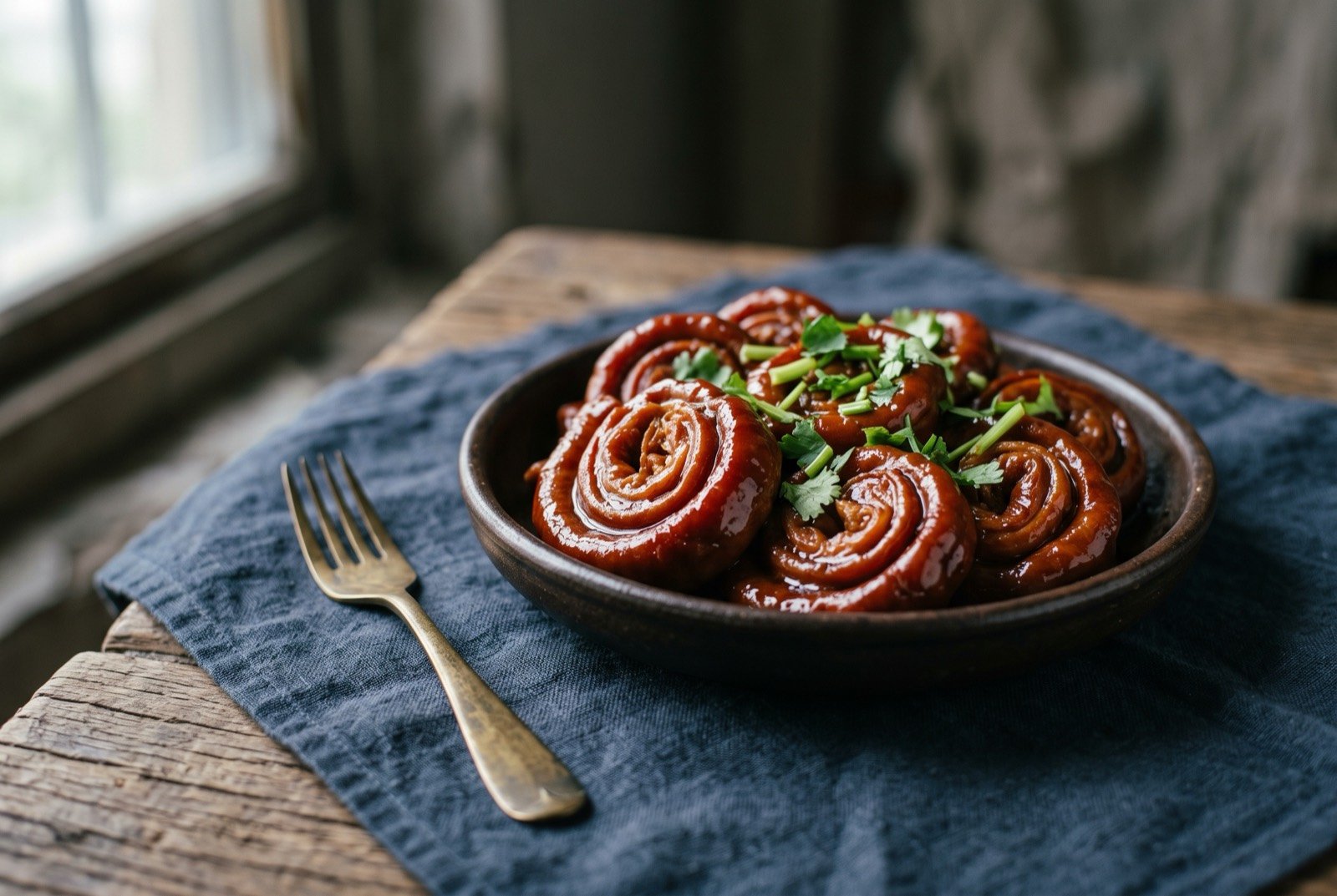 Nine-turn braised intestines: a small dark dish of glossy, deep mahogany braised intestine segments in a thick reduced caramel sauce, each piece coiled and layered from the traditional threading.