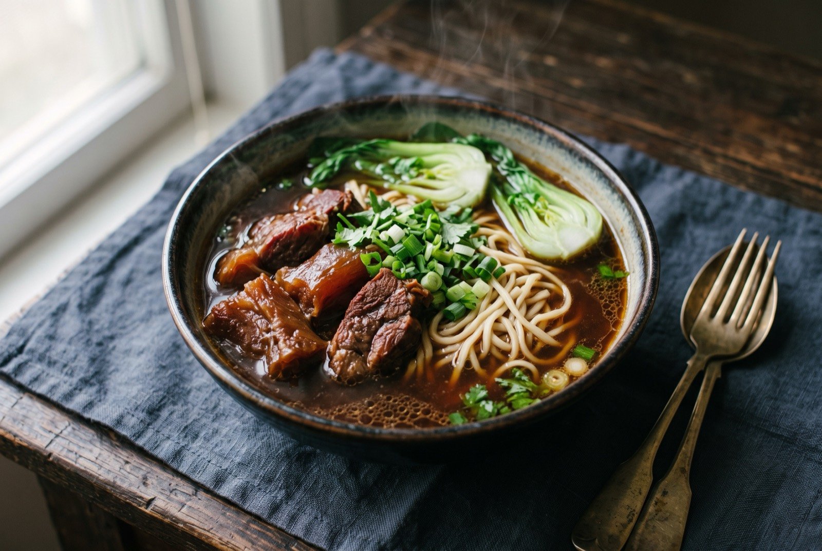 Niurou mian, red-braised beef noodle soup built on a defeated army's ration flour: a deep bowl of dark red-braised beef noodle soup, chunks of tender beef shank and a tangle of pale wheat noodles submerged in a rich mahogany broth.