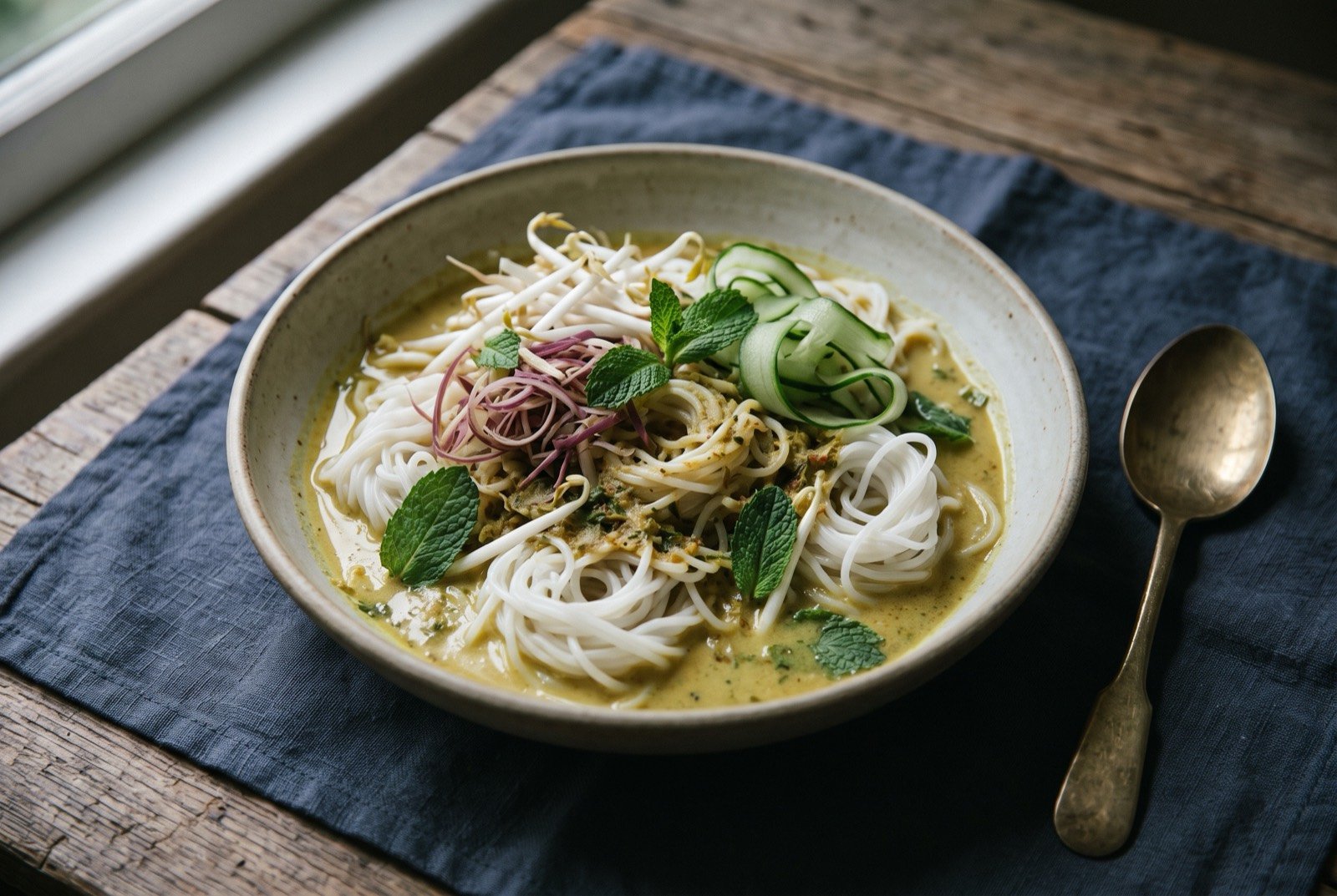 Nom banh chok, fresh rice noodles under a pale yellow fish curry sauce: a wide shallow bowl of coiled white rice noodles half submerged in a thin, pale yellow green curry sauce, scattered with bean sprouts.
