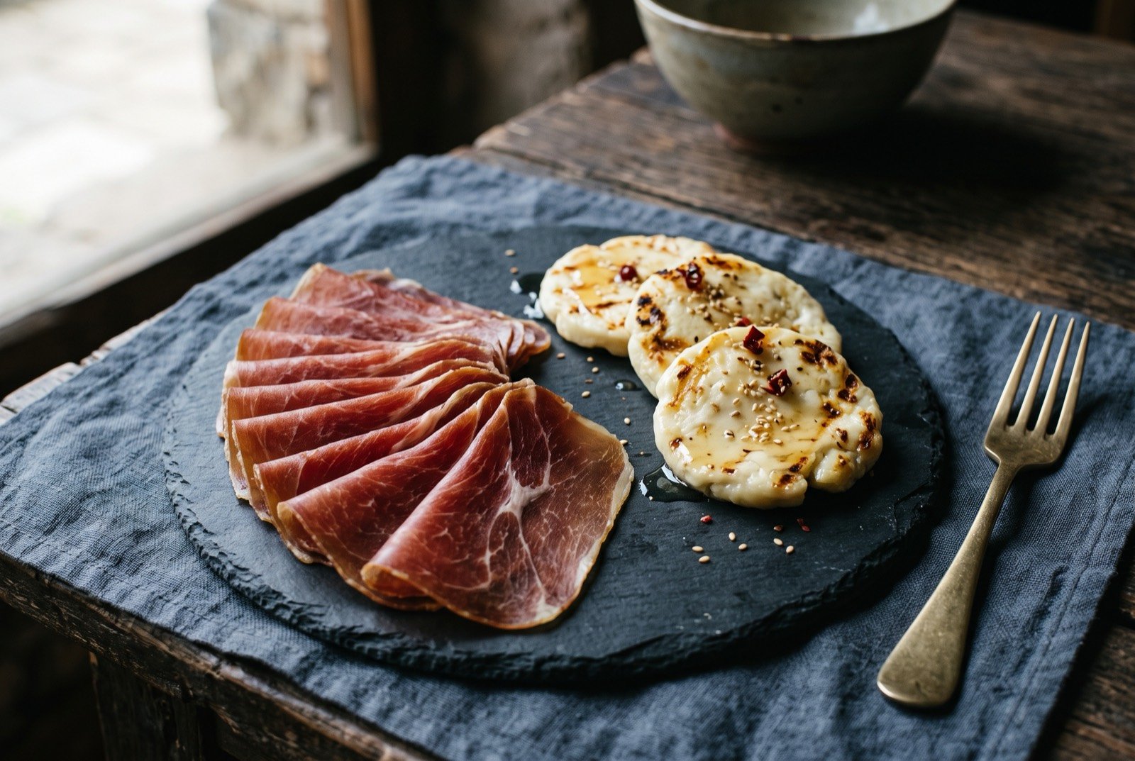 Nuodeng ham and rushan, paper-thin cured ham fanned beside grilled stretched-curd cheese: a dark slate plate with translucent, deep red-brown slices of cured ham fanned on one side, and pale golden, blistered rounds of grilled stretched milk cheese on the other.