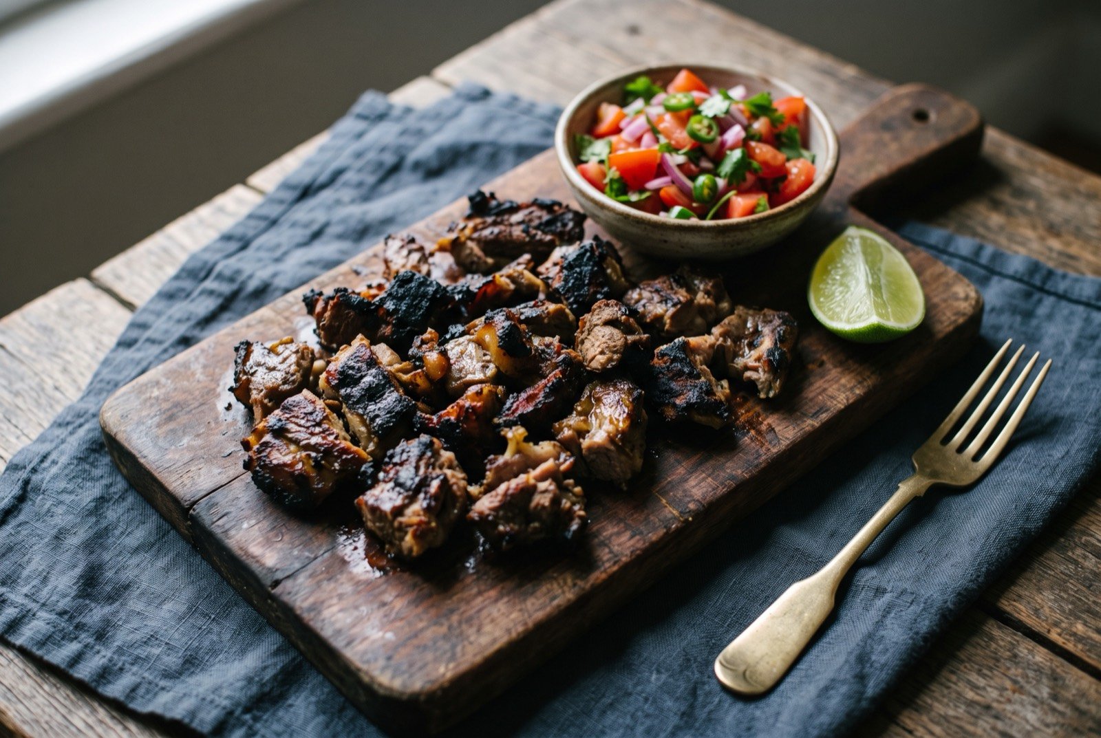 Nyama choma with kachumbari: rough chopped pieces of charred grilled goat on a wooden board, edges blackened and fat rendered, with a bright raw tomato.