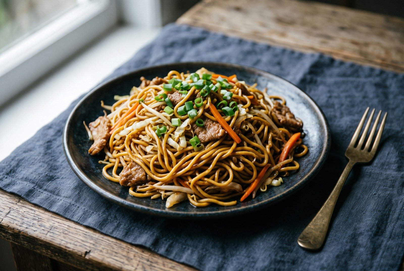 New Zealand-Chinese chow mein, stir-fried noodles with meat and vegetables: a tangle of glossy golden brown stir-fried noodles piled on a dark plate, mixed through with sliced meat, pale cabbage and orange carrot.