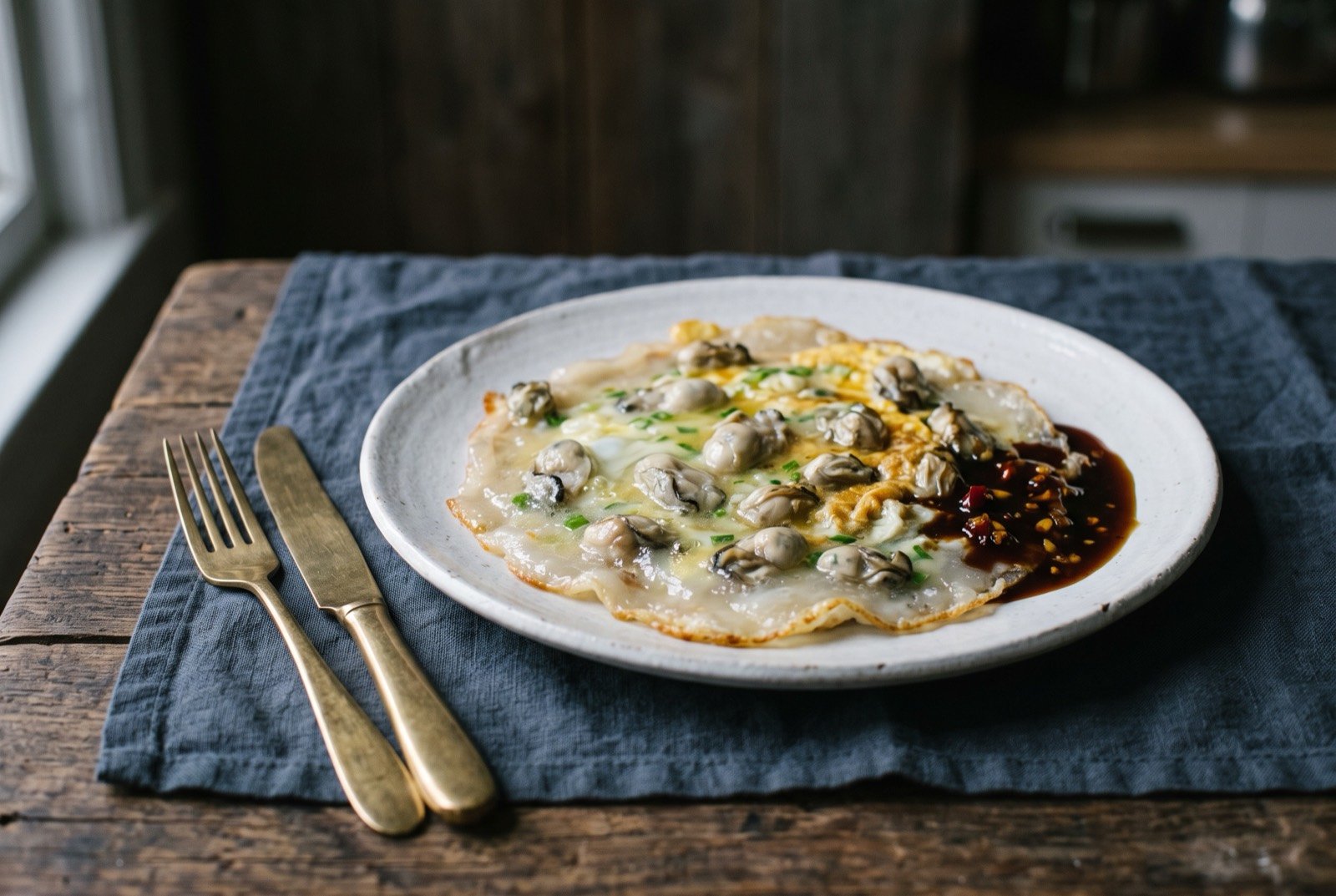 O-a-jian, oyster omelette bound in a sweet potato starch batter: a thin, glistening oyster omelette on a plain white plate, small plump oysters visible through a pale, gelatinous starch batter set golden at the edges.