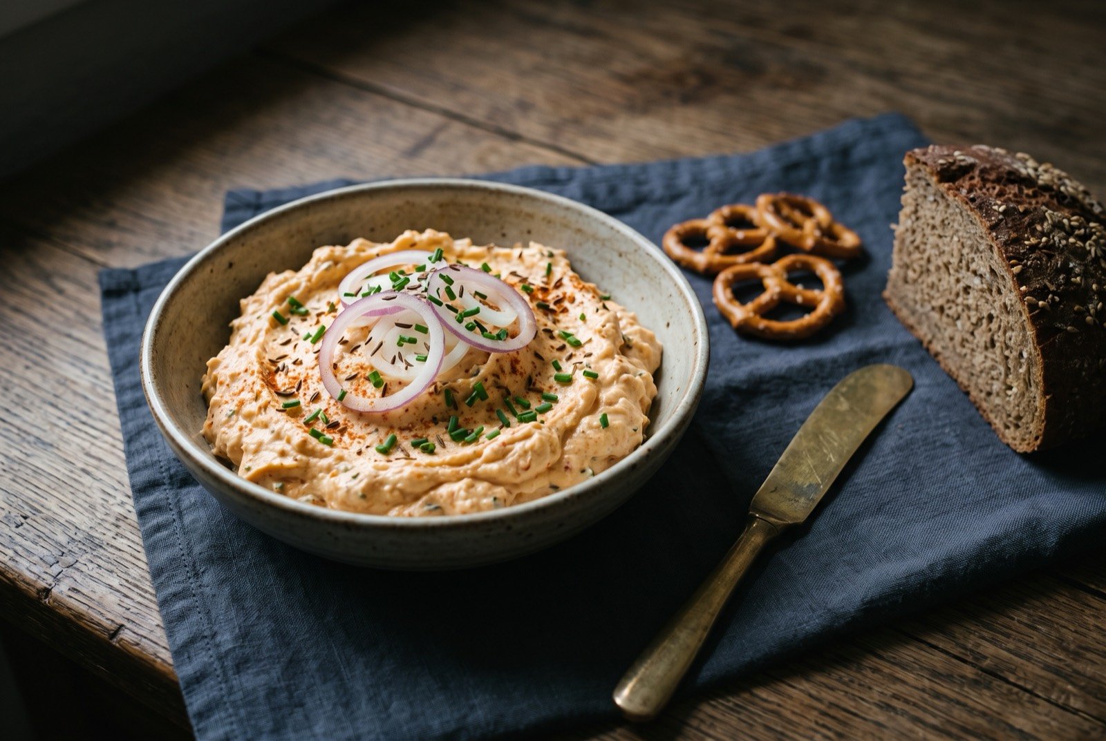Obatzda, a beaten spiced cheese spread: a pale orange tinged mound of soft whipped cheese studded with flecks of paprika and caraway, a scatter of raw onion rings and chopped chives across the top.