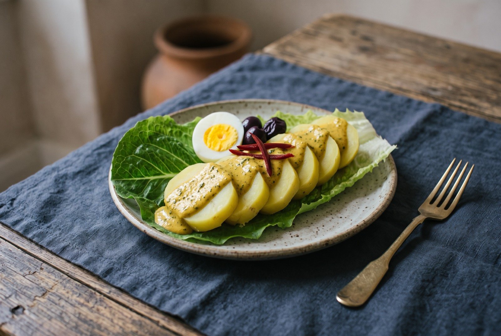 Ocopa arequipeña, potatoes in a huacatay peanut sauce: thick slices of pale yellow boiled potato fanned across a single lettuce leaf, coated in a matte mustard yellow sauce flecked with dark green herb.