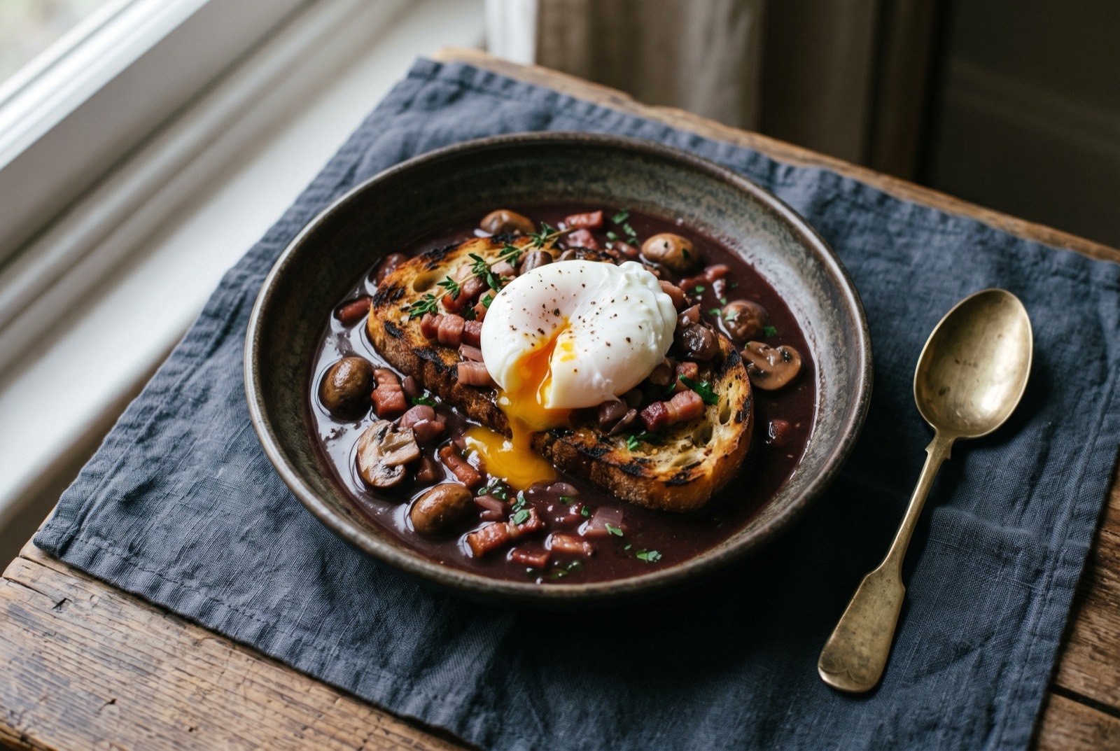 Oeufs en meurette, poached eggs in a red wine and lardon sauce over garlic toast: a shallow bowl of dark, glossy burgundy red sauce studded with small lardons and pearl onions, a poached egg resting on a slice of grilled garlic rubbed bread.