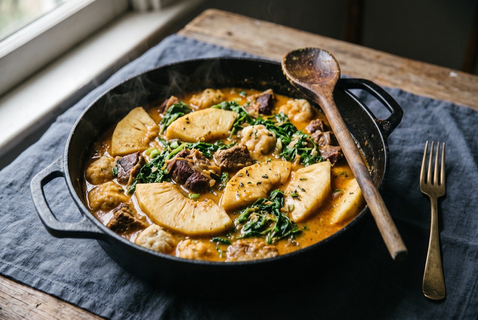 Oil down, breadfruit and salted meat stewed down in coconut milk: a wide black pot filled with pale golden breadfruit wedges, dark pieces of salted meat, dumplings and vivid green shredded callaloo leaf all bound in a thick.