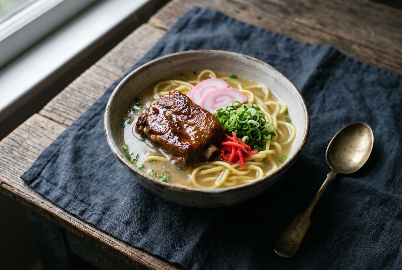 Okinawa soba, soki soba with stewed pork rib: a deep bowl of pale golden pork broth with thick yellow wheat noodles, a large glazed piece of stewed pork rib on top, pink kamaboko fish cake slices.