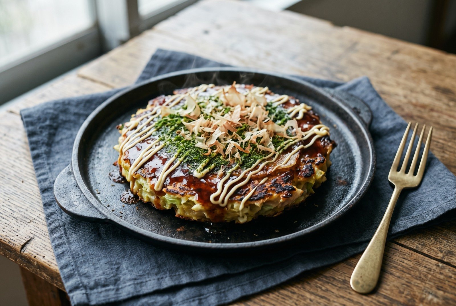 Osaka-style okonomiyaki, a thick savoury cabbage pancake finished with dark sauce, mayonnaise and bonito flakes: a thick round griddled pancake on a dark iron plate, its browned surface coated in glossy dark brown sauce and thin ribbons of pale mayonnaise drizzled across the top.