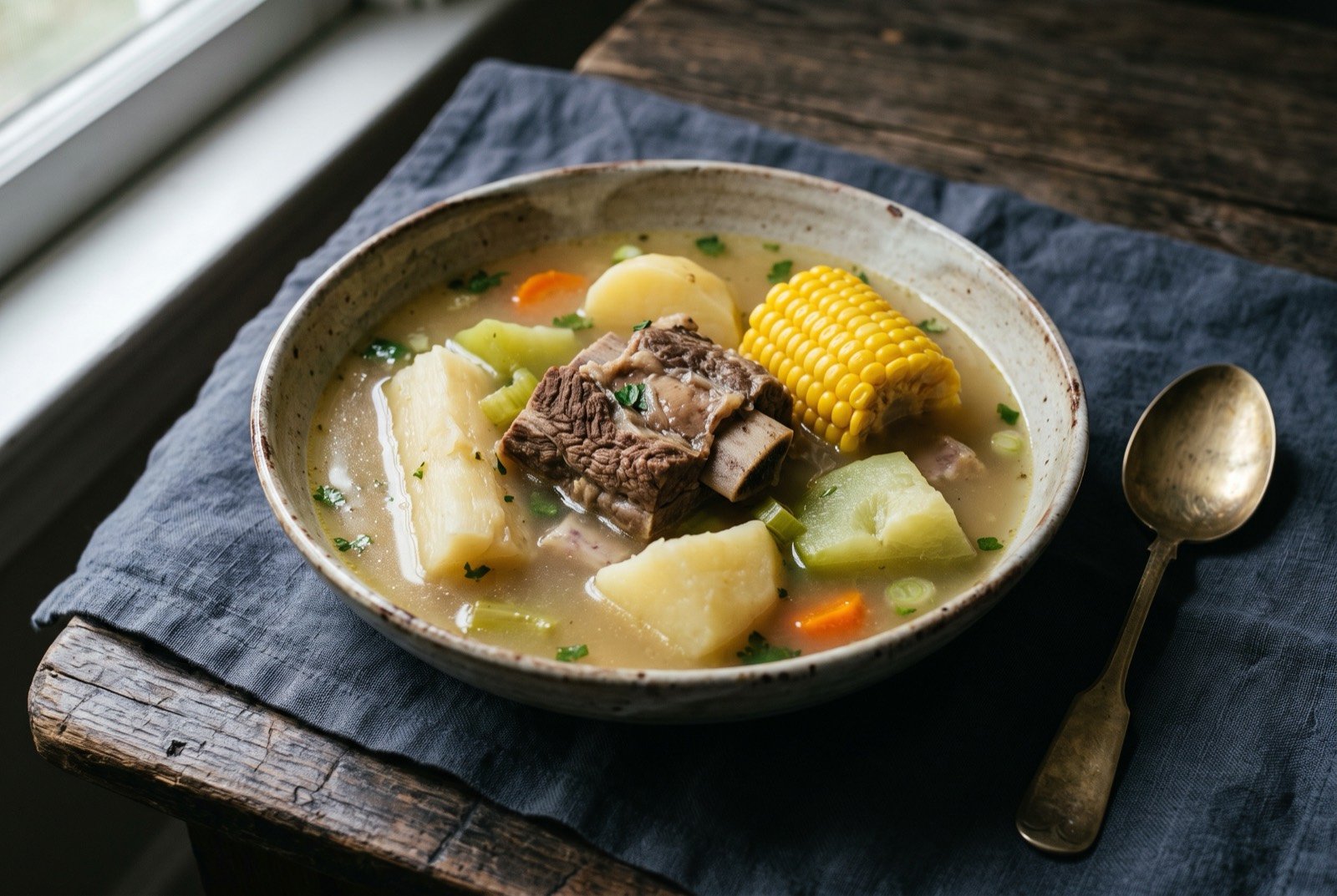 Olla de carne, a long simmered beef and root vegetable soup: a wide, shallow bowl of pale golden broth with large pieces of bone in beef, chunks of yuca, potato, chayote and a section of corn on the cob all visible breaking the surface.