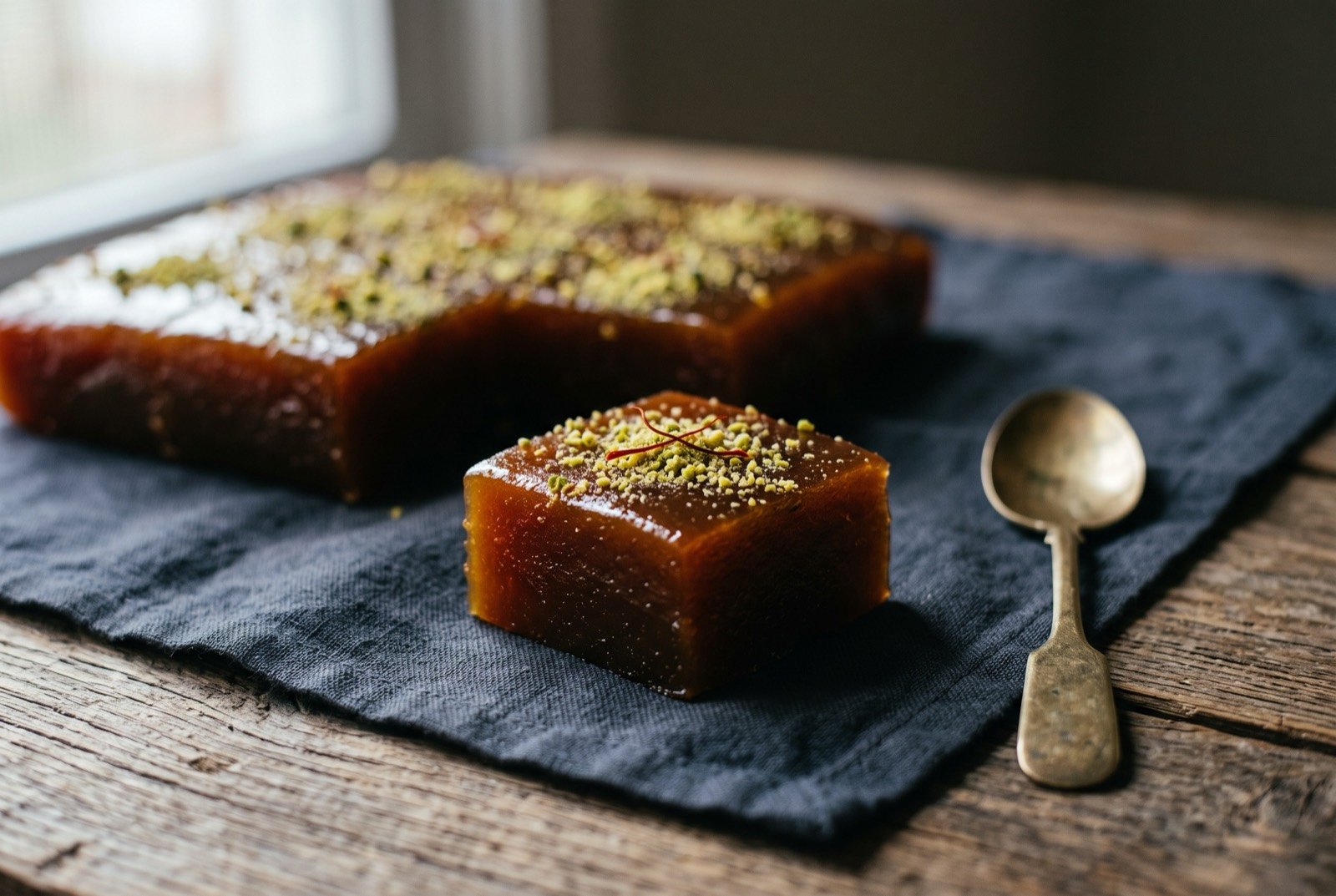 Omani halwa, a slow-stirred rosewater and saffron sweet: a small dense square of deep amber halwa, glossy and translucent at the edges, dusted with crushed pistachio and a thread or two of saffron laid across the top.