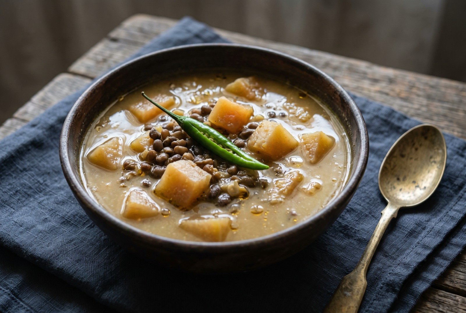 Omita khar, an alkaline raw papaya dish: a shallow bowl of murky grey-green mash, raw papaya cooked down into a soft alkaline stew, no bright colour anywhere in the dish.