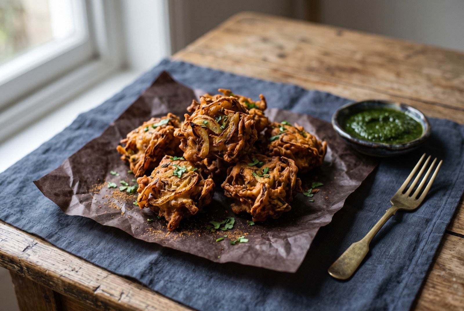 Onion bhaji, deep fried gram flour and onion fritters: a small pile of irregular, deep golden brown fritters with a craggy, crisp fried surface, piled loosely on brown paper, a small dish of dark green mint chutney alongside.