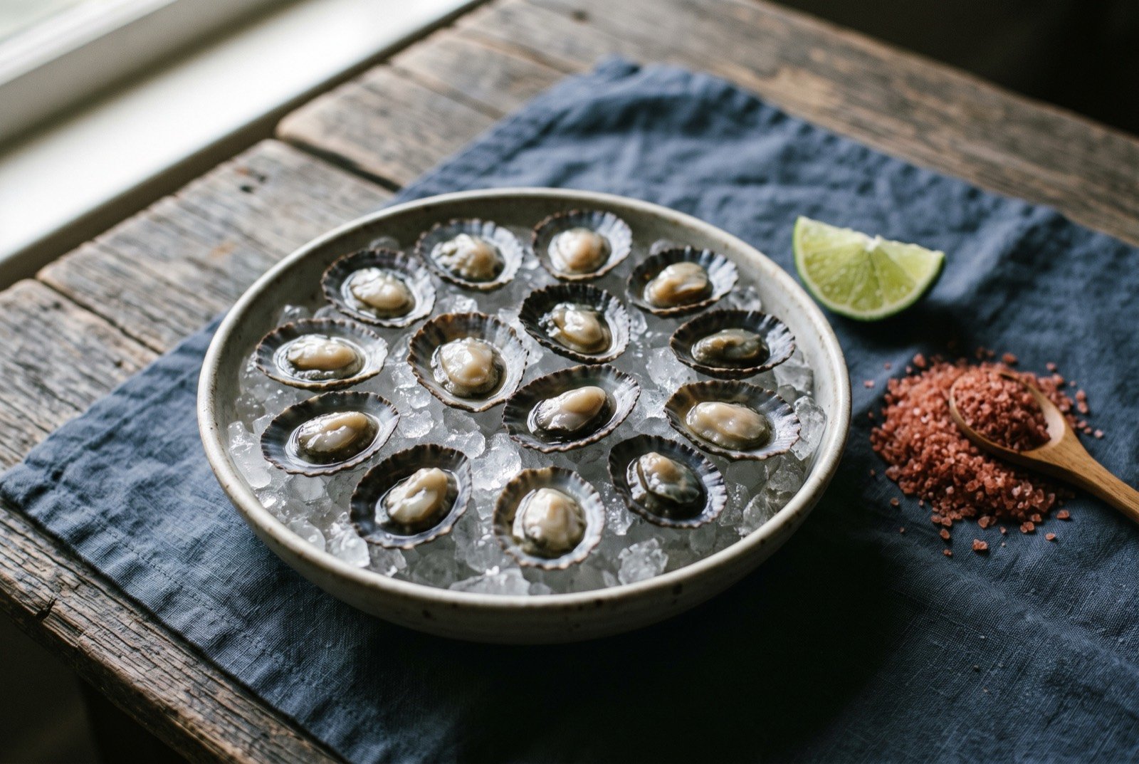 Opihi, raw Hawaiian limpet on the half shell with alaea salt: a dozen small dark conical shells arranged on a bed of crushed ice, each holding a single pale glistening limpet, a small mound of coarse reddish alaea salt on the side.