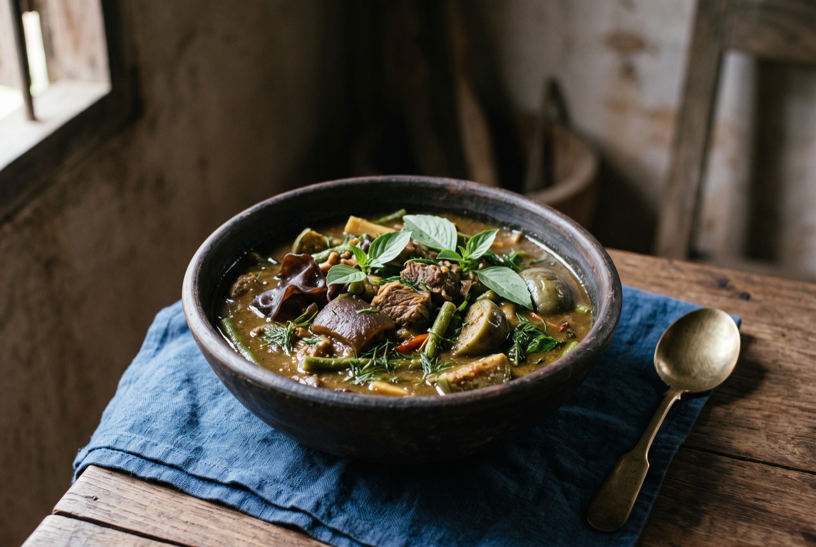 Or lam, Luang Prabang buffalo and vegetable stew thickened with sticky rice: a rustic dark clay bowl of thick, deep brown stew, pieces of meat and buffalo skin visible among wood ear mushroom and round eggplant.