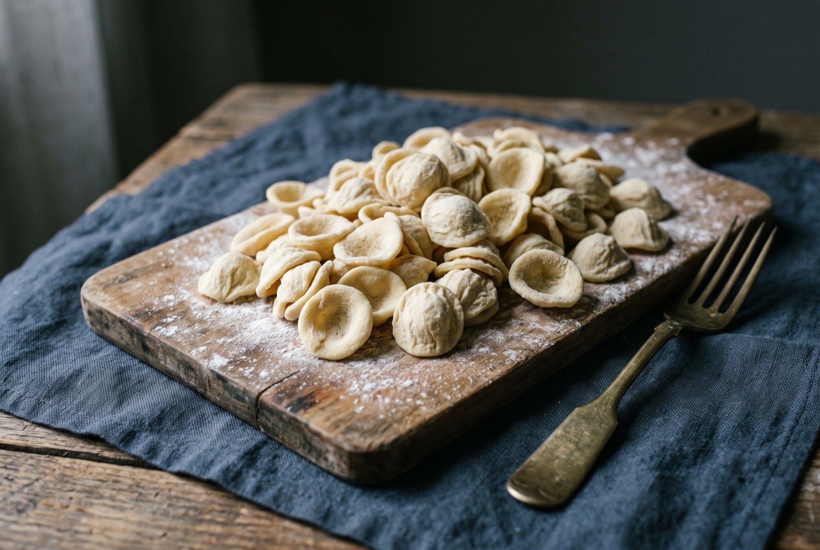 Orecchiette, small hand-formed ear-shaped durum wheat pasta from Puglia: a pile of small concave, ear-shaped ivory pasta shapes dusted lightly with semolina flour, arranged on a dark wooden board.