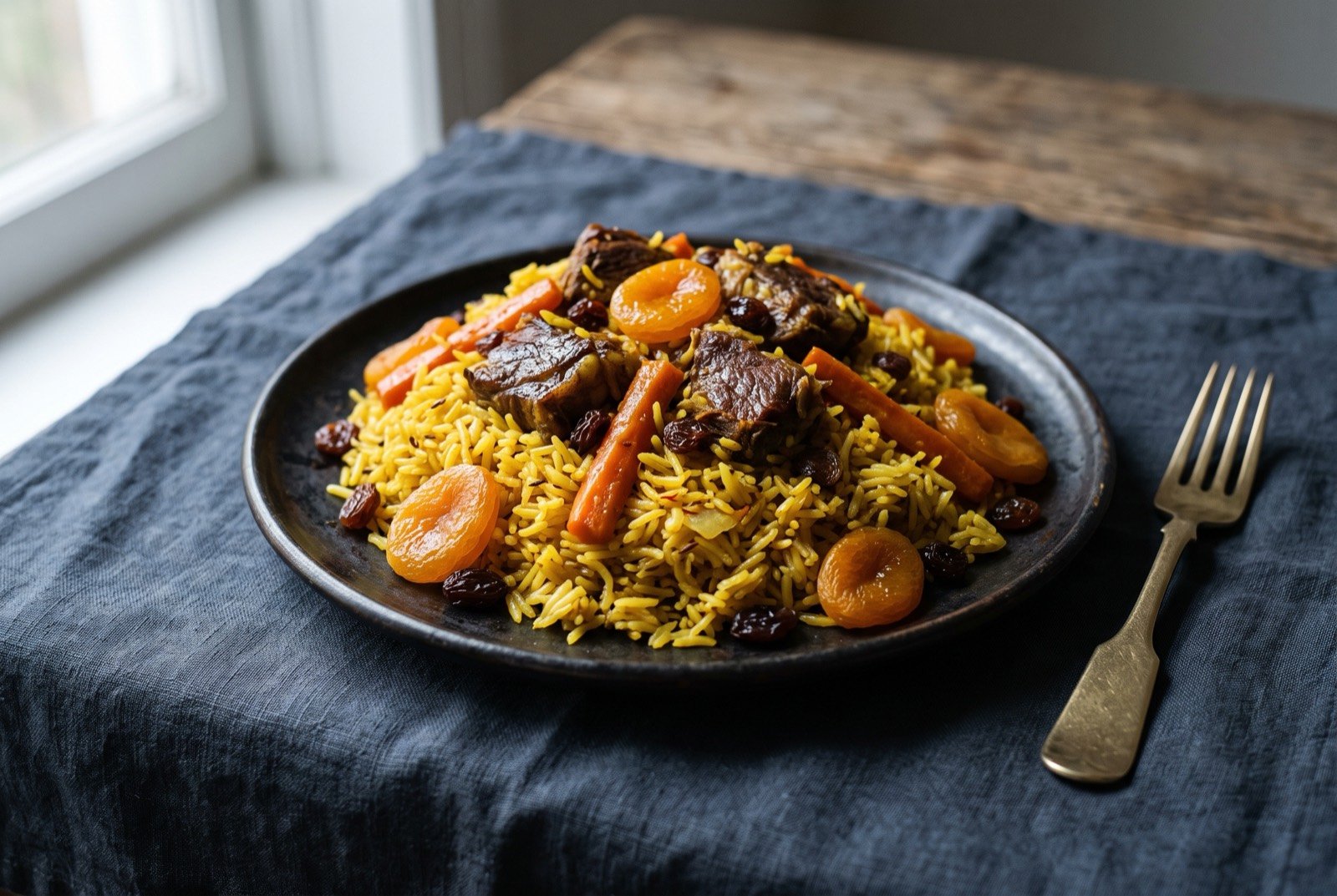 Oshi muzaffar, saffron gold festive rice with lamb and dried fruit: a mound of deep golden saffron coloured rice with large pieces of lamb and thick strips of carrot turned out on top, plump dried apricots and raisins scattered through.