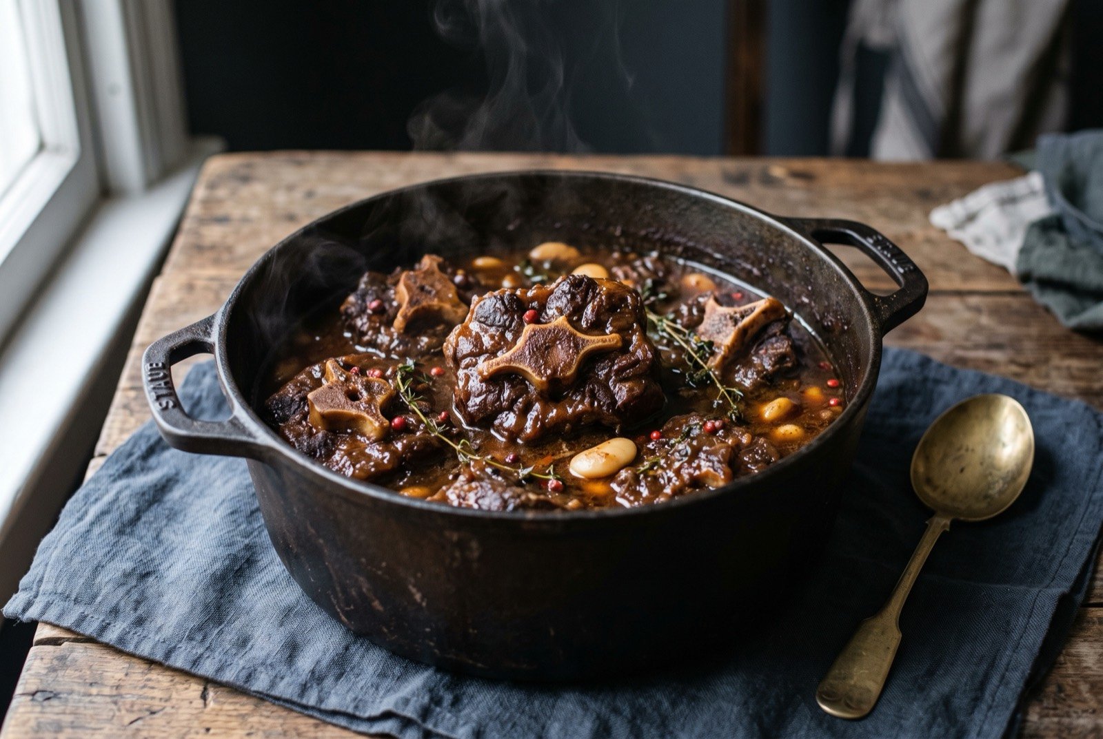 Oxtail, pimento braised oxtail in a dark one pot stew: thick cross cut oxtail pieces falling from the bone in a deep, dark, glossy brown gravy in a heavy pot, a few butter beans visible in the sauce.