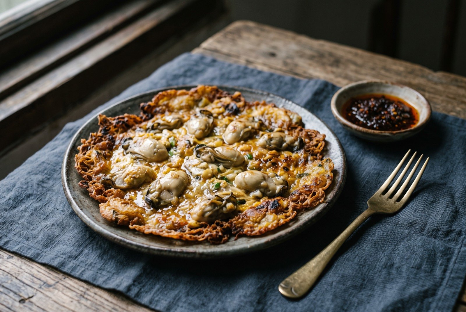 Minnan oyster omelette, pan-fried in lard with sweet potato starch: a rough-edged, golden-brown savoury pancake studded with plump pale oysters, its surface glistening and slightly translucent where the sweet potato starch has set.