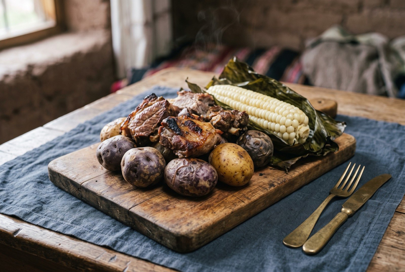 Pachamanca, pit roasted meat and tubers: a rustic wooden board piled with pit roasted pork and mutton pieces, charred and blistered at the edges, alongside whole roasted native potatoes with mottled purple and gold skins.