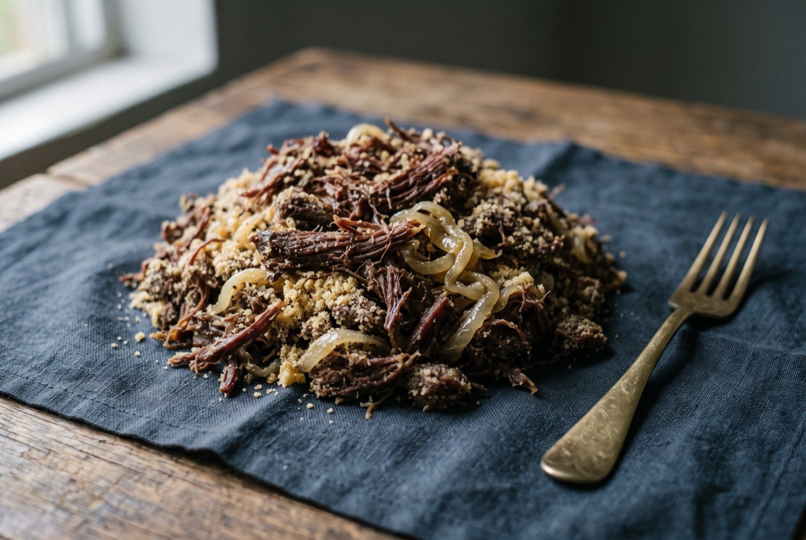 Paçoca de carne seca, pounded dried beef worked with cassava flour and onion: a loose, fibrous mound of shredded dark beef flecked with pale golden cassava flour and translucent strands of glazed onion.